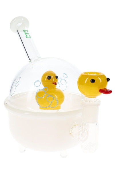 8" Hemper Ducky XL white tub bong with clear bubble dome, yellow ducky perc and duck bowl, bright studio angle for smoke shop wholesale listings.