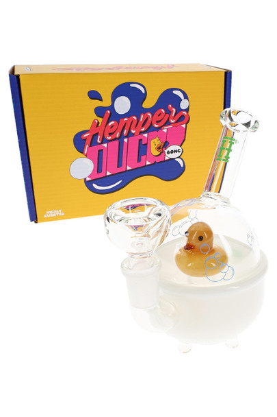 Hemper Ducky 6" tub bong with yellow duck perc posed in front of bright yellow Hemper Ducky Bong box, shelf-ready water pipe display for head shops.