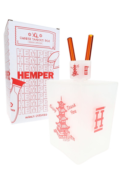 Hemper Chinese Takeout Box XL frosted bong with chopsticks displayed beside branded red-and-white XL box, shelf-ready novelty water pipe shot for head-shop buyers.