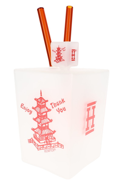 Frosted white Hemper Chinese Takeout Box XL 9" glass bong with red pagoda art and amber chopstick mouthpiece, studio angle for wholesale smoke shop listings.