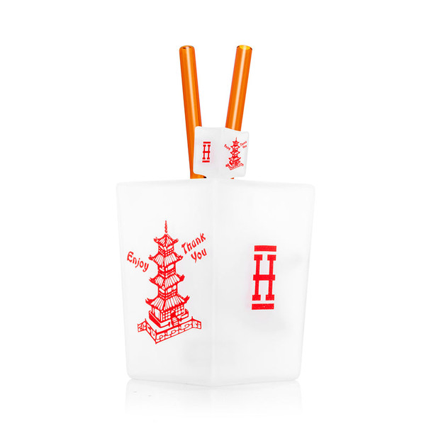 Frosted white Hemper Chinese takeout XL bong with red pagoda art and amber chopsticks, angled studio view for smoke shop wholesale listings.