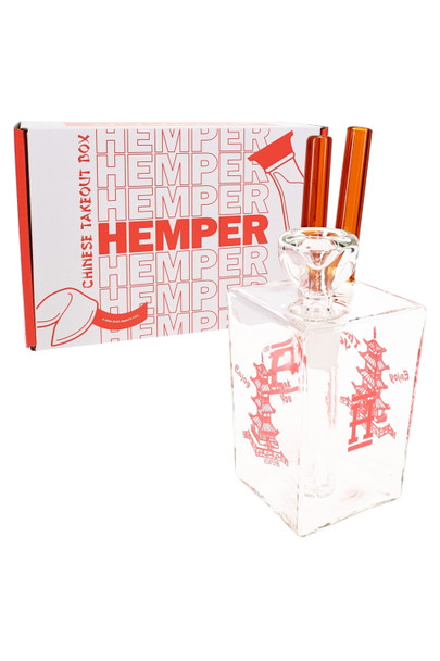 Front view of 6" white Hemper Chinese takeout box bong with twin orange chopsticks and red graphics, clean product shot for wholesale buyers.