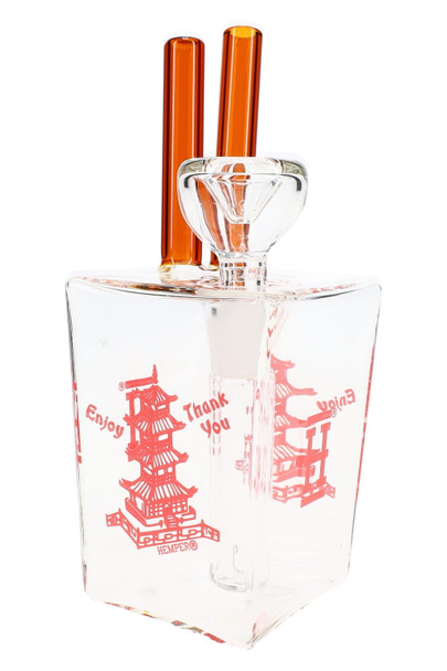 6" white Hemper Chinese takeout box bong with red pagoda art and orange chopsticks, studio view on white for smoke shop listings.