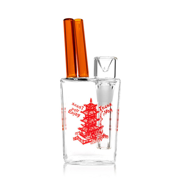 Clear 6" Hemper Chinese takeout micro bong with orange chopsticks, visible 14.5 mm joint and red pagoda print, angled for wholesale catalogs.