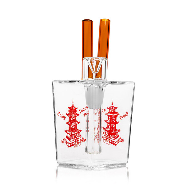 Clear 6" Hemper Chinese takeout box glass bong with orange chopsticks and red pagoda art, front view on white for smoke shop buyers.