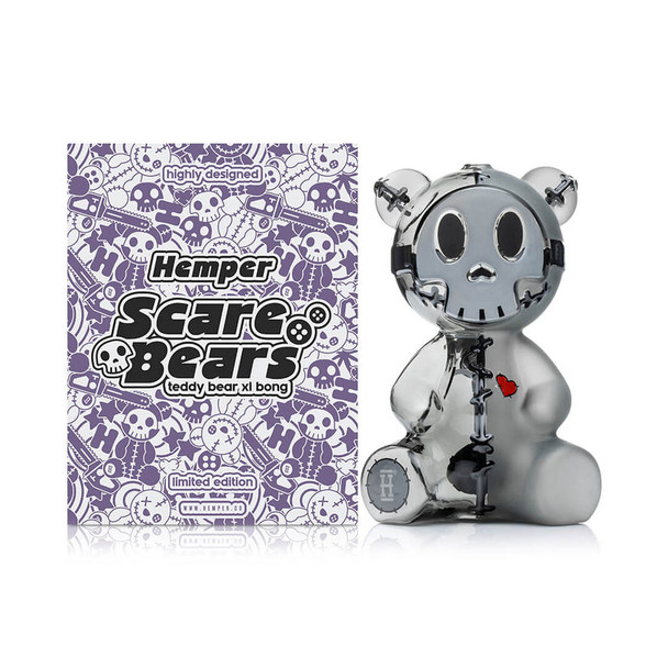 Front hero shot of Scare Bears Teddy Bear XL bong standing next to branded purple Scare Bears box, marketing image for B2B glass water pipe catalogs.