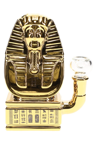 Gold electroplated Hemper 5.5" Ancient Egypt pharaoh bust glass bong on hieroglyphic base with clear bowl, front studio shot for wholesale smoke shop listings.