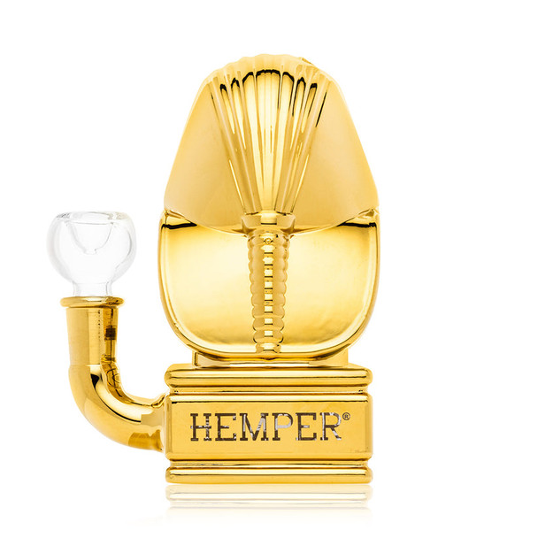 Rear view of Hemper Ancient Egypt mini bong with sculpted headpiece, gold plinth and Hemper logo, clean studio image for wholesale glass line sheets.
