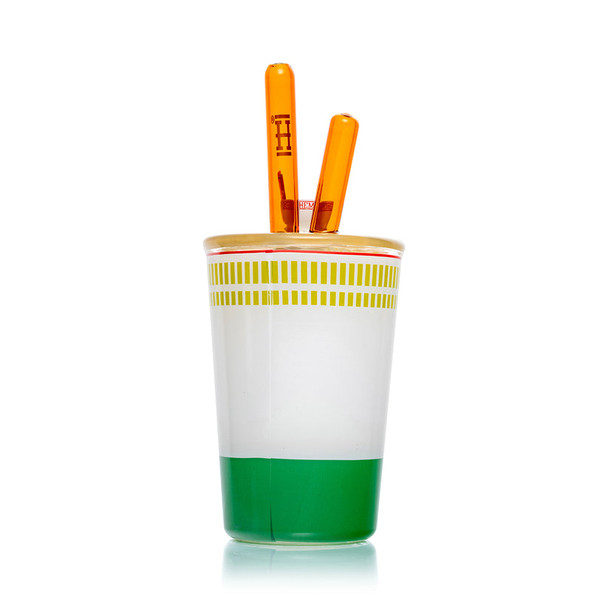 Rear view of Hemper Ramen Cup XL noodle-cup bong with clean white and green wrap and tall amber chopsticks, studio product image for retail smoke-gear listings.