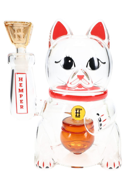 Clear 7" Hemper Lucky Money Cat XL glass bong with red accents, money bag perc and gold brick bowl, straight-on studio view for wholesale smoke shop catalogs.