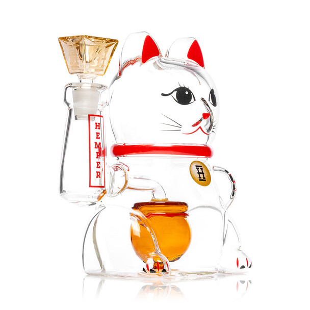 Three-quarter view of clear Lucky Money Cat XL bong highlighting beckoning paw, money bag perc and base logo, clean image tailored to smoke shop wholesale pages.
