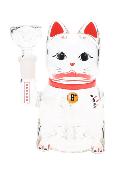 Clear 5" Hemper Lucky Money Cat glass bong with red collar, beckoning paw joint and 14.5 mm bowl, front studio view for smoke shop wholesale catalogs.