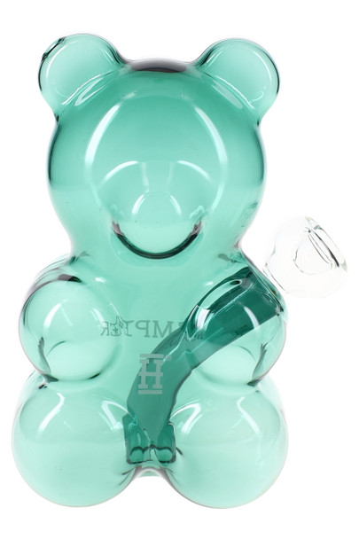 Teal 6.5" Hemper Gummy Bear glass bong with recessed shoulder joint and clear bowl, straight-on studio view for smoke shop wholesale water pipe listings.