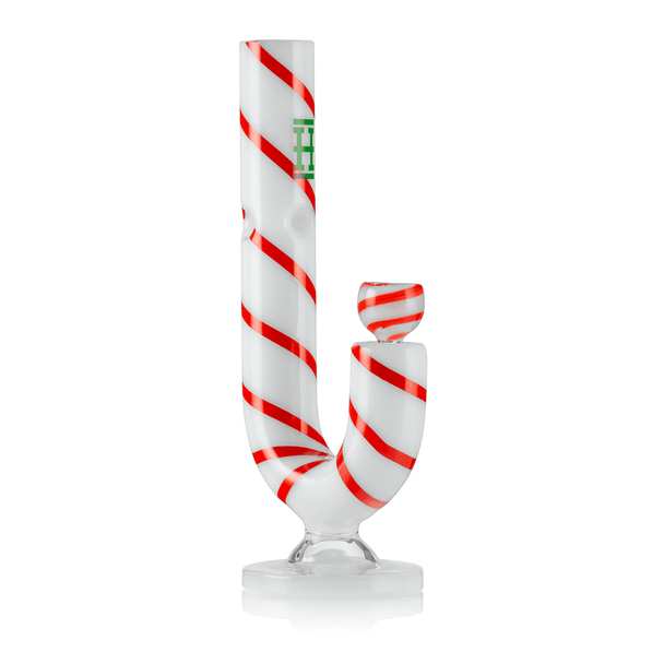 Angled side view of Hemper Candy Cane XL bong showing curved J-shaped base, recessed joint and striped bowl, detailed studio photo for glass bong wholesale listings.