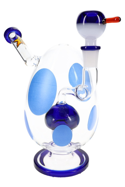 9" clear Hemper Spotted Egg XL bong with blue spots, blue mushroom perc and matching bowl, vertical studio shot on white for smoke shop wholesale catalogs.