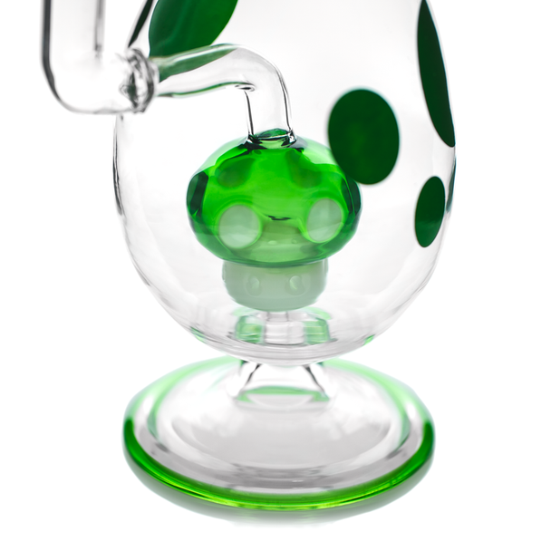 Clear Hemper Spotted Egg XL bong with green mushroom perc and matching green spots around chamber, detailed base shot for smoke shop novelty bong listings.