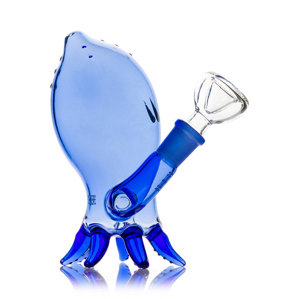 Side profile of blue Kraken bong showing inline perc arm and clear funnel bowl, detailed product angle aimed at head-shop inventory planners.