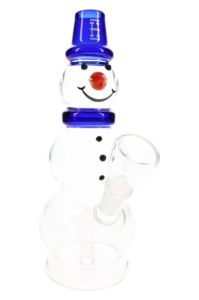8" Hemper Snowman frosted glass bong with blue hat, blue collar and carrot nose, full front product view on white for smoke shop wholesale listings.