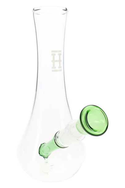 Clear 7" Hemper Vase bong with translucent green angled downstem and matching bowl, clean studio shot on white tailored to B2B glass water pipe product pages.