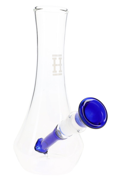 Clear 7" Hemper Vase glass bong with cobalt blue angled downstem and bowl, minimalist beaker-style base on white background for wholesale smoke shop catalogs.