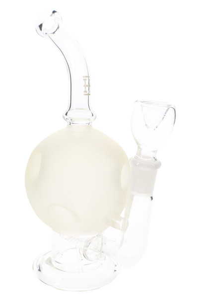 Frosted 7" Hemper Moon glass bong with cratered spherical chamber and inline perc, angled studio shot on white for wholesale smoke shop water pipe listings.