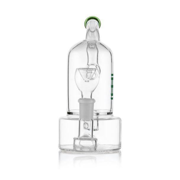 Straight profile of Hemper Bell mini bong with blue-rimmed mouthpiece and clear 14.5 mm bowl, reflection on white background for retail glass catalogs.