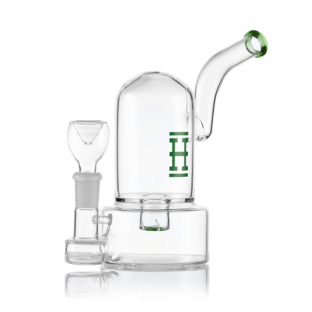 Rear view of Hemper Bell glass bong highlighting domed bell top, curved neck and lower base chamber, neutral product angle for B2B water-pipe listings.