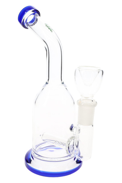 Clear 6.5" Hemper Whistler glass bong with blue-accented bent neck and base, inline perc and bowl, front studio view for smoke shop water pipe listings.