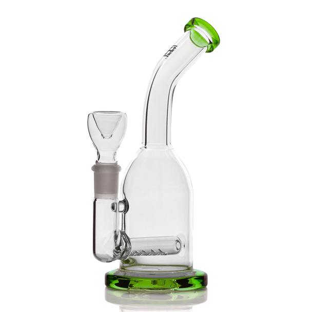 Side view of green-trim Hemper Whistler bong showing bent neck, inline perc column and 14.5 mm joint, detailed angle for B2B water pipe catalogs.