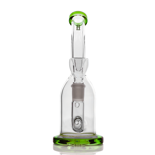 Front view of Hemper Whistler bong with green base ring, inline perc and centered mouthpiece, clean product photo for smoke shop glass buyers.