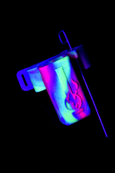 Neon swirl Water Pipe Caddy silicone lighter holder with flame logo and poker rod glowing under UV light for head-shop wholesale.