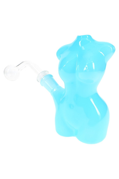 Blue 6" glass female figure rig with clear dome and angled neck, single-item photo for bulk resale listings.