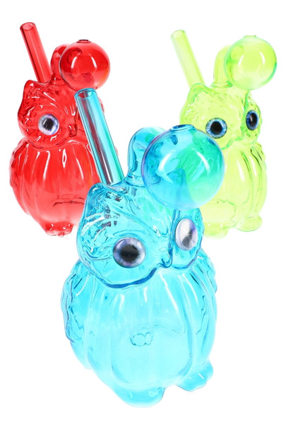Assorted-color 4" glass owl oil burner rigs, three-piece lineup for wholesale smoke shop inventory restocks.