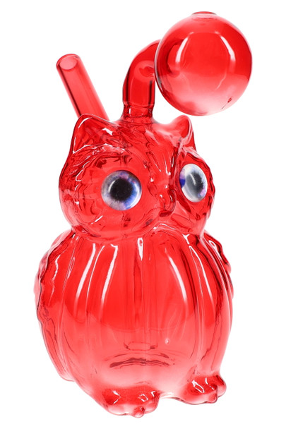 Red 4" glass owl oil burner rig with round bubble top, angled stem detail for head-shop supplies.