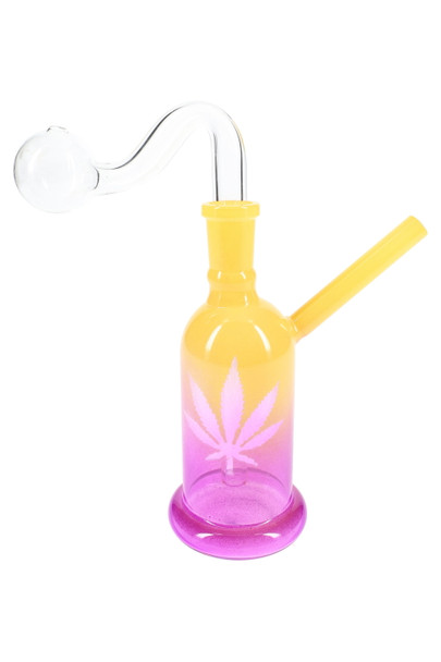 Single yellow-to-purple 5" glass leaf-design oil burner rig with clear bulb top, side angle for head-shop supplies.