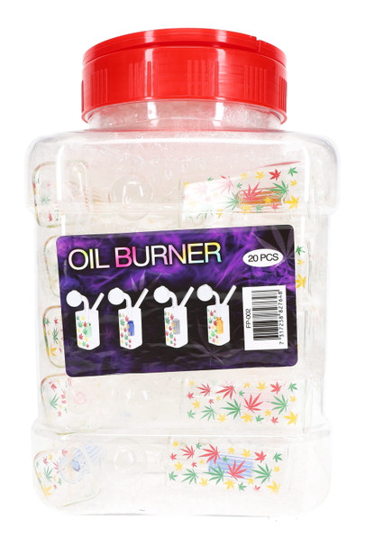 Clear display jar with red lid holding 20 rasta leaf decal oil burner rigs, shelf-ready wholesale counter stock.