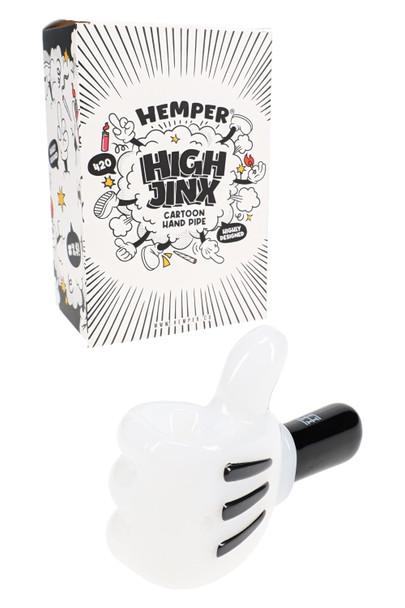 Hemper High Jinx cartoon hand pipe with branded box, glossy white thumbs-up and black mouthpiece for B2B resale