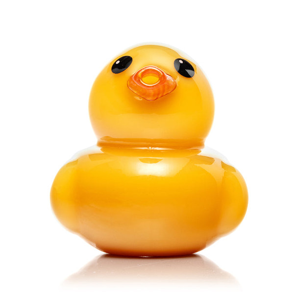 Front view of ducky glass hand pipe showing orange beak bowl opening and black eyes, retail smoke gear