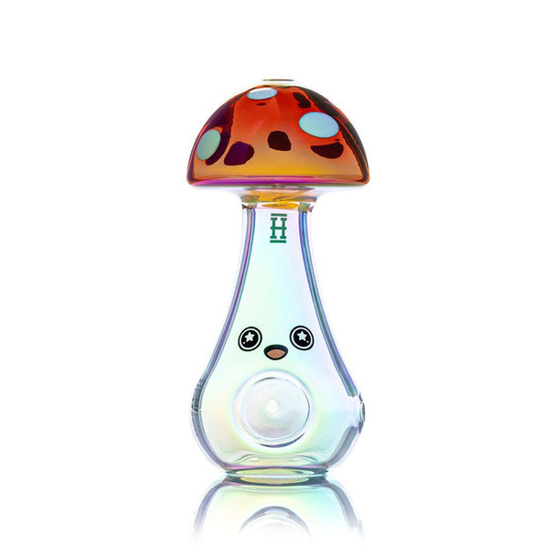 Trippy Shroom glass pipe front angle showing cute face decal and deep bowl, smoke shop stock photo