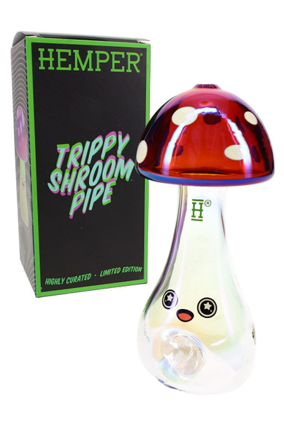 Hemper Trippy Shroom pipe with retail box, iridescent glass mushroom cap and face, smoke shop wholesale hero