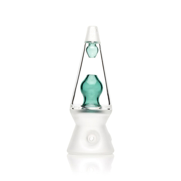 Straight-on studio shot of Hemper 70’s lava-lamp pipe with teal insert and frosted base, B2B friendly