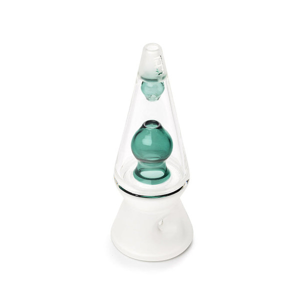 Angled top view of clear lava-lamp style glass hand pipe with teal core, retail smoke gear close-up
