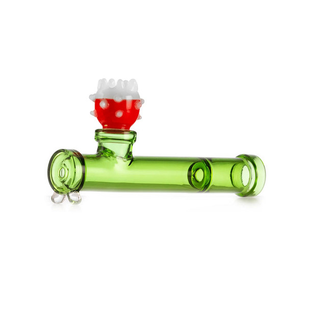 Alternate angle of Hemper Gaming Flower Piranha glass hand pipe, green tube body for smoke shop resale