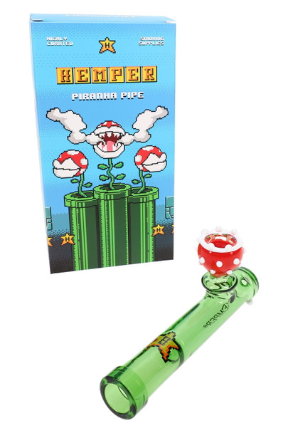 Hemper Gaming Flower Piranha pipe with retail box, green tube body and red bowl, smoke shop counter item
