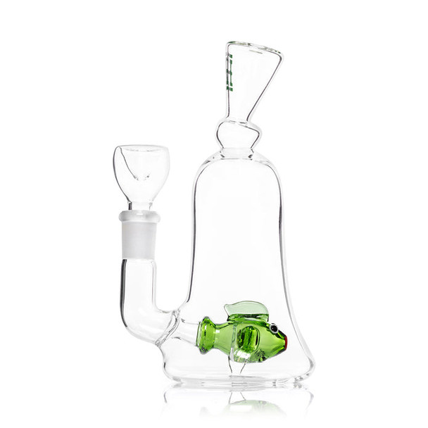 Close side view of 6" fish perc bong showing green fish and flared base, smoke shop restock ready