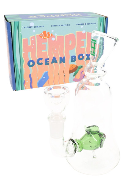 Hemper Ocean Box packaging with clear 6" fish perc bong and 14.5 mm bowl, smoke shop inventory hero