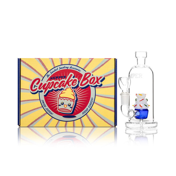 Wide shot Cupcake Box beside compact 6" cupcake perc water pipe, head-shop supplies showcase