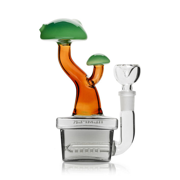 Bonsai glass bong profile with amber trunk curve and jade top, showcase-ready smoke shop inventory image