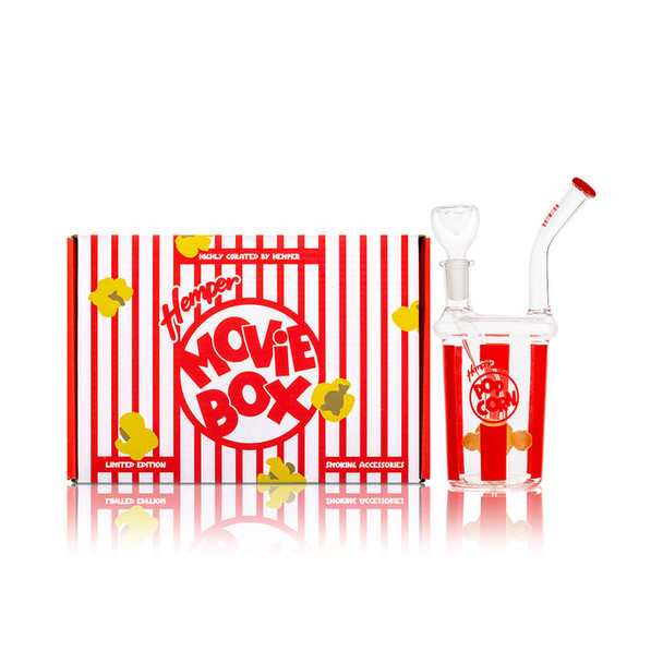 Wide shot Movie Box beside 6" popcorn bong and bowl, display-case head-shop supplies merchandising photo