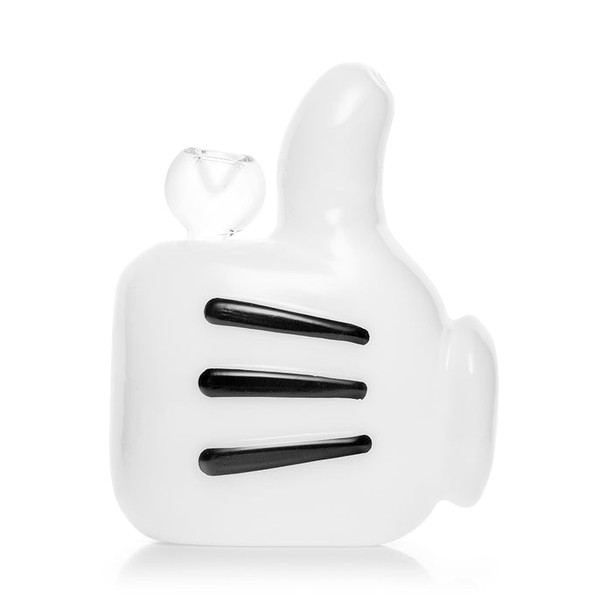 Angled front view of cartoon thumbs-up bong showing bowl cup and thumb mouthpiece, B2B glass restock